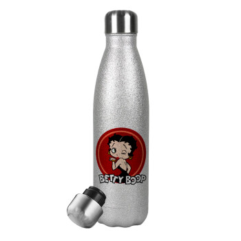 Betty Boop kiss, Μεταλλικό παγούρι θερμός Glitter Aσημένιο (Stainless steel), διπλού τοιχώματος, 500ml