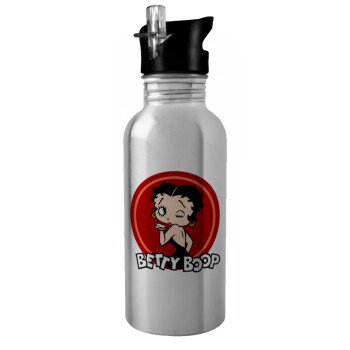 Betty Boop kiss, Παγούρι νερού Ασημένιο με καλαμάκι, ανοξείδωτο ατσάλι 600ml