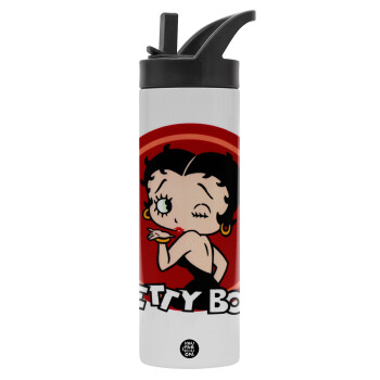 Betty Boop kiss, Μεταλλικό παγούρι θερμός με καλαμάκι & χειρολαβή, ανοξείδωτο ατσάλι (Stainless steel 304), διπλού τοιχώματος, 600ml