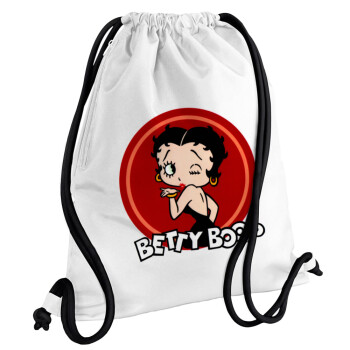 Betty Boop kiss, Backpack pouch GYMBAG white, with pocket (40x48cm) & thick cords