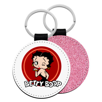 Betty Boop kiss, Μπρελόκ Δερματίνη, στρογγυλό ΡΟΖ (5cm)