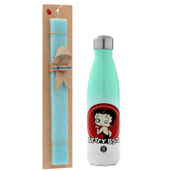 Betty Boop kiss, Easter Set, Metallic green/white thermos (Stainless steel), double-walled, 500ml & scented flat Easter candle (30cm) (TURQUOISE)