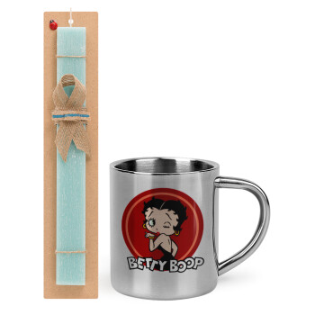 Betty Boop kiss, Πασχαλινό Σετ, μεταλλική κούπα θερμό (300ml) & πασχαλινή λαμπάδα αρωματική πλακέ (30cm) (ΤΙΡΚΟΥΑΖ)