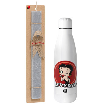 Betty Boop kiss, Πασχαλινό Σετ, μεταλλικό παγούρι Inox (700ml) & πασχαλινή λαμπάδα αρωματική πλακέ (30cm) (ΓΚΡΙ)