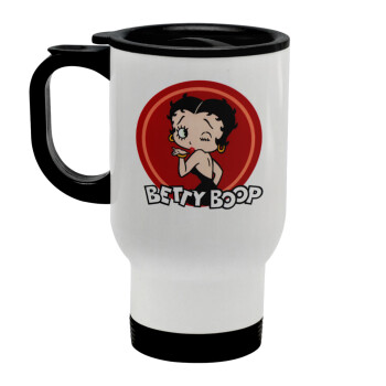 Betty Boop kiss, Κούπα ταξιδιού ανοξείδωτη με καπάκι, διπλού τοιχώματος (θερμό) λευκή 450ml