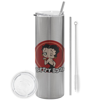 Betty Boop kiss, Eco friendly ποτήρι θερμό Ασημένιο (tumbler) από ανοξείδωτο ατσάλι 600ml, με μεταλλικό καλαμάκι & βούρτσα καθαρισμού