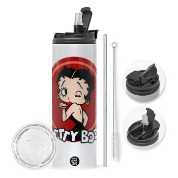 Betty Boop kiss, Travel Tumbler θερμό με διπλό καπάκι, μεταλλικό καλαμάκι και βούρτσα καθαρισμού (Ανωξείδωτο 304 Food grade, BPA free, 600ml)