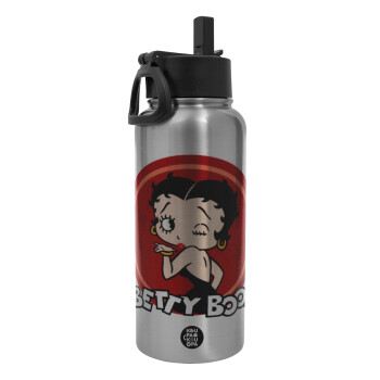 Betty Boop kiss, Μεταλλικό παγούρι θερμός Silver με καλαμάκι και χερούλι (Stainless steel), διπλού τοιχώματος, 950ml