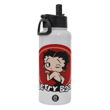 Betty Boop kiss, Μεταλλικό παγούρι θερμός Λευκό με καλαμάκι και χερούλι (Stainless steel), διπλού τοιχώματος, 950ml