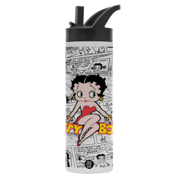 Betty Boop, Μεταλλικό παγούρι θερμός με καλαμάκι & χειρολαβή, ανοξείδωτο ατσάλι (Stainless steel 304), διπλού τοιχώματος, 600ml