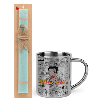 Betty Boop, Easter Set, metallic thermal cup (300ml) & aromatic flat Easter candle (30cm) (TURQUOISE)