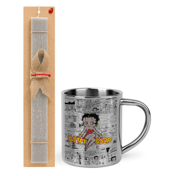 Betty Boop, Easter Set, metallic thermal cup (300ml) & Easter aromatic flat candle (30cm) (GRAY)