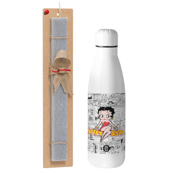 Betty Boop, Πασχαλινό Σετ, μεταλλικό παγούρι Inox (700ml) & πασχαλινή λαμπάδα αρωματική πλακέ (30cm) (ΓΚΡΙ)