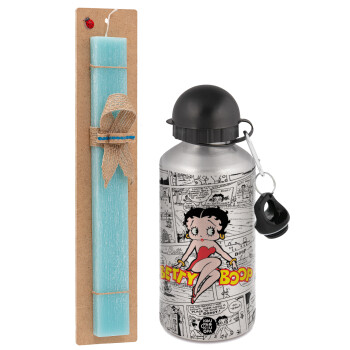 Betty Boop, Easter Set, metallic silver aluminum water bottle (500ml) & scented flat Easter candle (30cm) (TURQUOISE)