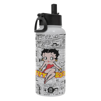 Betty Boop, Metal mug thermo White with Straw and Spout Lid (Stainless steel), double wall, 950ml