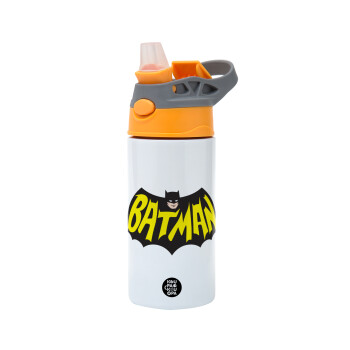 Batman classic logo, Children's hot water bottle, stainless steel, with safety straw, Orange/Grey (360ml) BPA-FREE