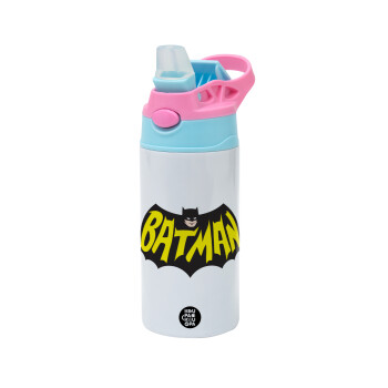 Batman classic logo, Children's hot water bottle, stainless steel, with safety straw, Pink/BlueCiel (360ml) BPA FREE