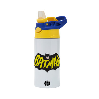 Batman classic logo, Children's hot water bottle, stainless steel, with safety straw, green, blue (360ml) BPA FREE