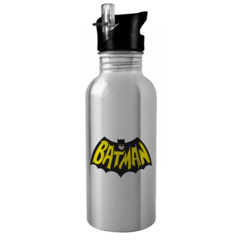 Batman classic logo, Water bottle Silver with straw, stainless steel 600ml
