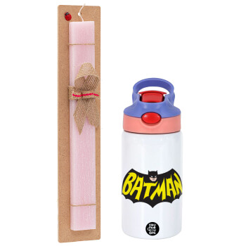 Batman classic logo, Πασχαλινό Σετ, Παιδικό παγούρι θερμό, ανοξείδωτο, με καλαμάκι ασφαλείας, ροζ/μωβ (350ml) & πασχαλινή λαμπάδα αρωματική πλακέ (30cm) (ΡΟΖ)
