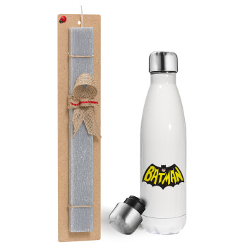 Batman classic logo, Easter candle, metallic white thermos bottle (500ml) & aromatic flat candle (30cm) (GRAY)