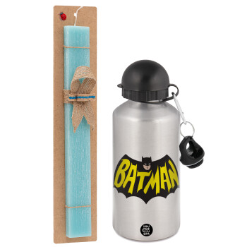 Batman classic logo, Easter Set, metallic silver aluminum water bottle (500ml) & scented flat Easter candle (30cm) (TURQUOISE)