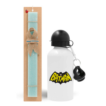 Batman classic logo, Easter Set, metallic aluminum water bottle (500ml) & scented flat candle (30cm) (TURQUOISE)