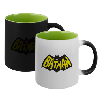 Batman classic logo, Κούπα Μαγική εσωτερικό πράσινο, κεραμική 330ml που αλλάζει χρώμα με το ζεστό ρόφημα