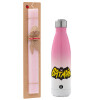 Easter Set, Metallic pink/white (Stainless steel) thermos, double-walled, 500ml & aromatic flat Easter candle (30cm) (PINK)