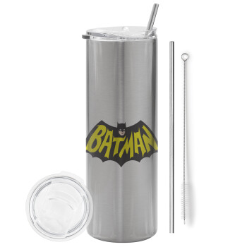 Batman classic logo, Tumbler ποτήρι θερμό Ασημένιο από ανοξείδωτο ατσάλι 600ml, με μεταλλικό καλαμάκι & βούρτσα καθαρισμού