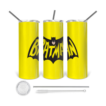 Batman classic logo, 360 Eco friendly ποτήρι θερμό (tumbler) από ανοξείδωτο ατσάλι 600ml, με μεταλλικό καλαμάκι & βούρτσα καθαρισμού