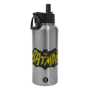 Batman classic logo, Μεταλλικό παγούρι θερμός Silver με καλαμάκι και χερούλι (Stainless steel), διπλού τοιχώματος, 950ml