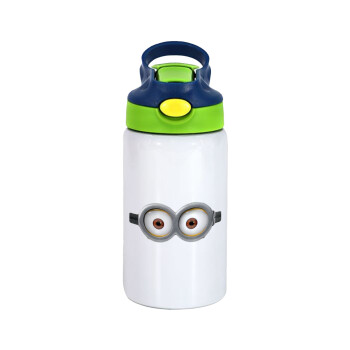 Minions, Children's hot water bottle, stainless steel, with safety straw, green, blue (350ml)