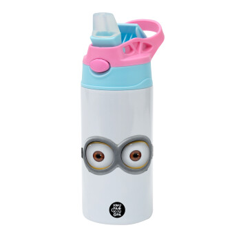 Minions, Children's hot water bottle, stainless steel, with safety straw, Pink/BlueCiel (360ml) BPA FREE