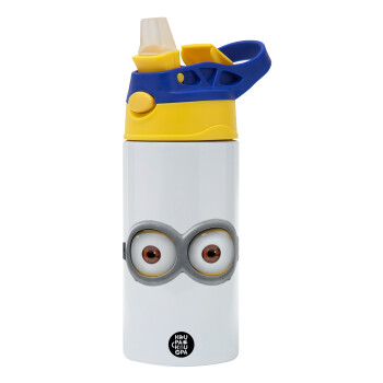 Minions, Children's hot water bottle, stainless steel, with safety straw, green, blue (360ml) BPA FREE