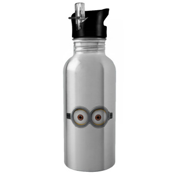 Minions, Water bottle Silver with straw, stainless steel 600ml