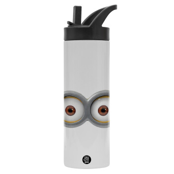 Minions, Metallic thermos bottle with straw & handle, stainless steel (Stainless steel 304), double-walled, 600ml.