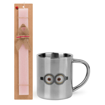 Minions, Easter Set, metallic thermal cup (300ml) & aromatic flat Easter candle (30cm) (PINK)