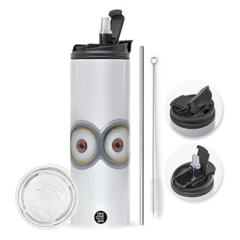 Minions, Travel Tumbler θερμό με διπλό καπάκι, μεταλλικό καλαμάκι και βούρτσα καθαρισμού (Ανωξείδωτο 304 Food grade, BPA free, 600ml)