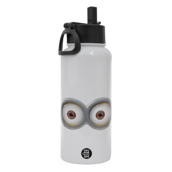 Minions, Metal mug thermo White with Straw and Spout Lid (Stainless steel), double wall, 950ml