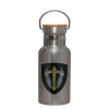 Stainless steel metallic thermos flask, silver with a bamboo lid, double-walled, 350ml.