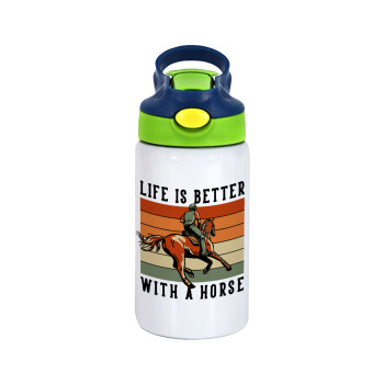 Life is Better with a Horse, Children's hot water bottle, stainless steel, with safety straw, green, blue (350ml)