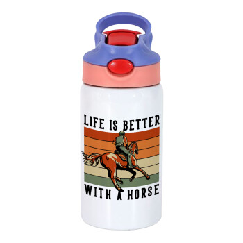 Life is Better with a Horse, Παιδικό παγούρι θερμό, ανοξείδωτο, με καλαμάκι ασφαλείας, ροζ/μωβ (350ml)