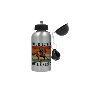 Life is Better with a Horse, Metallic water jug, Silver, aluminum 500ml
