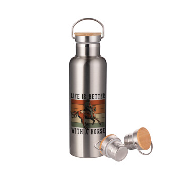 Life is Better with a Horse, Stainless steel Silver with wooden lid (bamboo), double wall, 750ml