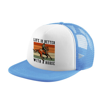 Life is Better with a Horse, Child's Soft Trucker Hat with Blue/White Mesh (POLYESTER, CHILD, ONE SIZE)