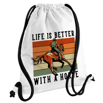 Life is Better with a Horse, Backpack pouch GYMBAG white, with pocket (40x48cm) & thick cords