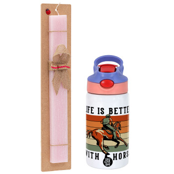 Life is Better with a Horse, Easter Set, Children's thermal stainless steel water bottle with safety straw, pink/purple (350ml) & Easter scented flat candle (30cm) (PINK)