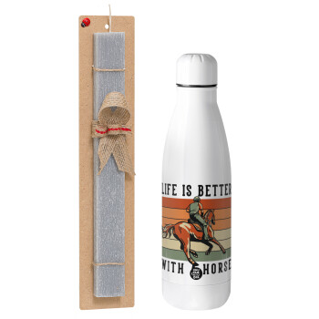 Life is Better with a Horse, Easter Set, metallic Inox water bottle (700ml) & Easter scented flat candle (30cm) (GRAY)