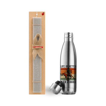 Life is Better with a Horse, Easter Set, metallic stainless thermos flask (500ml) & scented flat Easter candle (30cm) (GRAY)